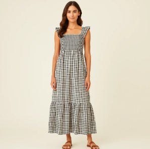 Robe d'été plissée à imprimé vichy – Style A-line sans manches pour plage