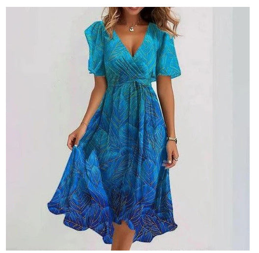 Robe d'été en mousseline imprimée – Encolure V & manches courtes
