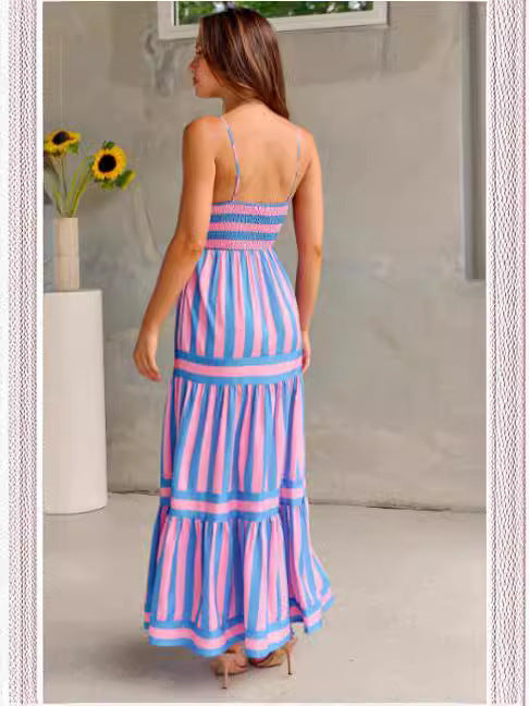 Robe longue à bretelles imprimée rayures - Encolure carrée et dos nu avec poches