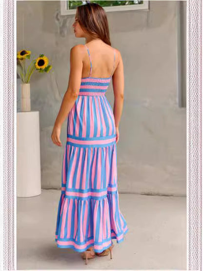 Robe longue à bretelles imprimée rayures - Encolure carrée et dos nu avec poches