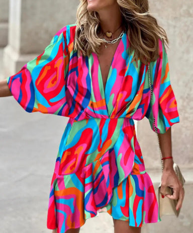 Robe Femme Encolure V Manches Ourlet Irrégulier