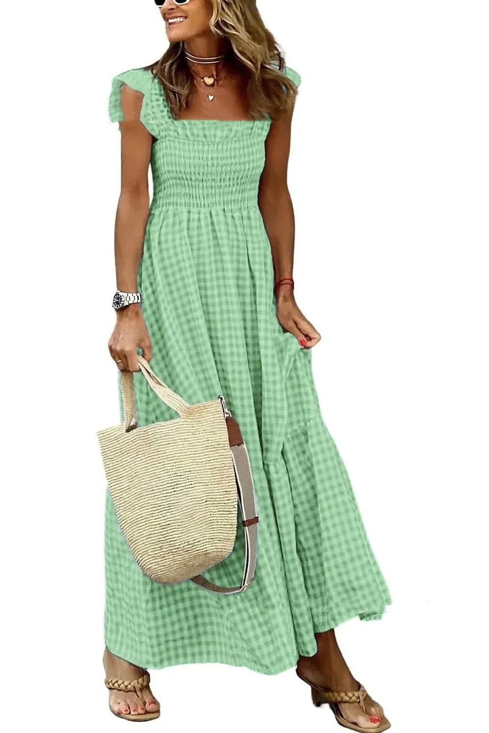 Robe d'été plissée à imprimé vichy – Style A-line sans manches pour plage