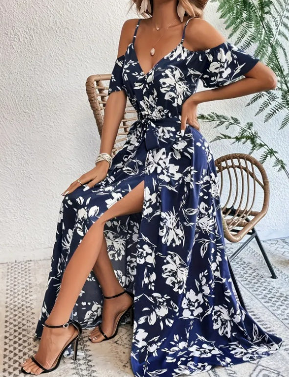 Robe longue d'été à imprimé floral - Bretelles et détail lacé