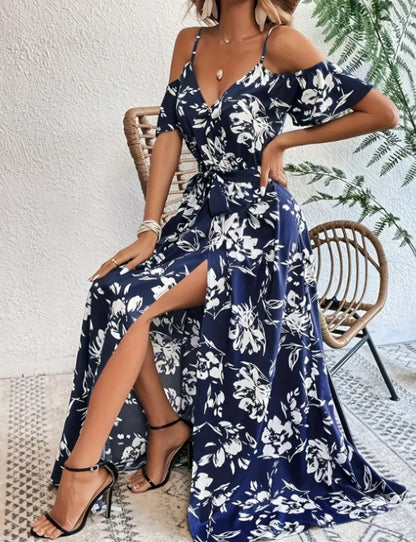Robe longue d'été à imprimé floral - Bretelles et détail lacé