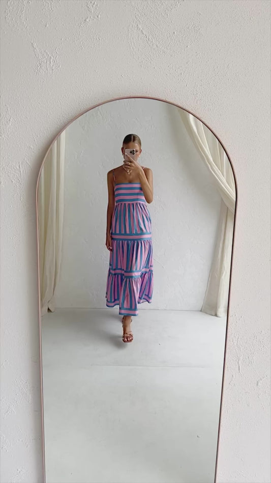 Robe longue à bretelles imprimée rayures - Encolure carrée et dos nu avec poches