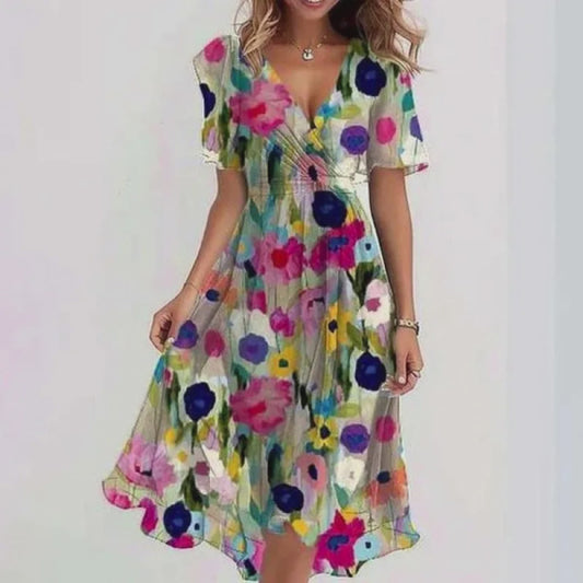 Robe d'été en mousseline imprimée – Encolure V & manches courtes
